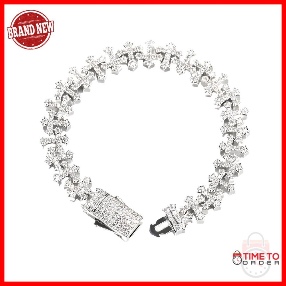 Sterling Silver Iced Out Cross Link Bracelet Hip Hop Jewelry 7 Inch